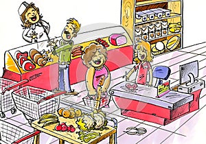 Supermarket, with furniture and food, cash register, customers and shopkee photo