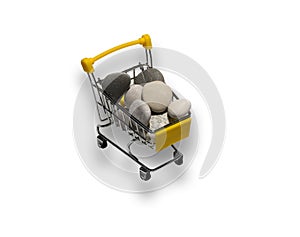 supermarket grocery push cart with stones isolated on white background. Concept of shopping