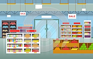 Supermarket Grocery Shelf Store Retail Shop Mall Interior Flat Illustration