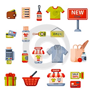 Supermarket grocery shopping retro cartoon icons set with customers carts baskets food and commerce products isolated