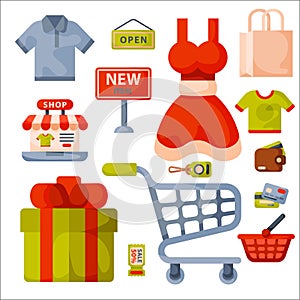Supermarket grocery shopping retro cartoon icons set with customers carts baskets food and commerce products isolated