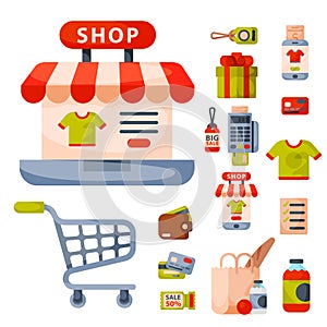 Supermarket grocery shopping retro cartoon icons set with customers carts baskets food and commerce products isolated