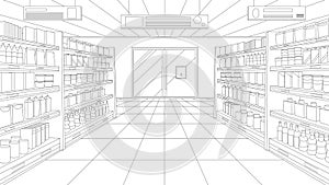 Supermarket or grocery store aisle, perspective interior sketch, black line retail shop