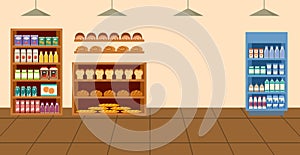 Supermarket. Grocery store. Interior cartoon with showcase of food products, dairy, drinks, bread