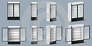 Supermarket or grocery store refrigerator mockup set, vector illustration. Realistic empty glass door commercial fridges