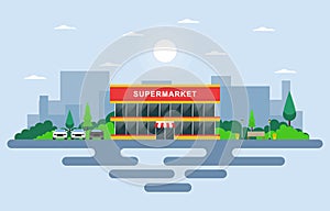 Supermarket Grocery Store Retail Shop Mall City Building Flat Illustration