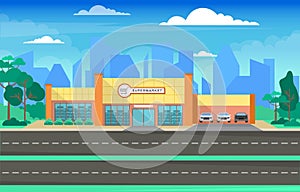 Supermarket Grocery Store Retail Shop Mall City Building Flat Illustration