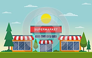 Supermarket Grocery Store Retail Shop Mall City Building Flat Illustration