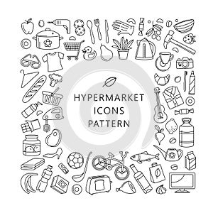 Hypermarket store food, appliances, clothes, toys icons background frame pattern photo