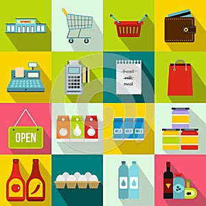 Supermarket icons set, flat style