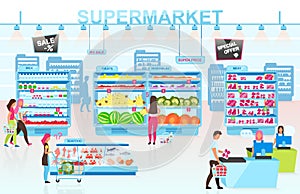 Supermarket interior flat vector illustration