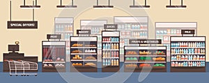 Supermarket interior flat vector illustration. Grocery store, shelves with food products. Cartoon food shop aisle