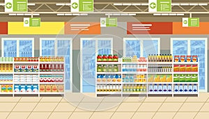 Supermarket Interior with Food on Shelves Vector