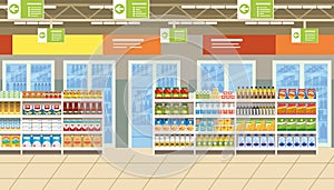 Supermarket Interior with Food on Shelves Vector photo
