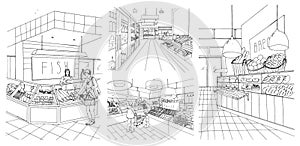 Supermarket interior hand drawn contour illustrations set. Grocery store: fish, bread, fruit, vegetable departments with