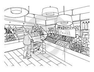 Supermarket interior in hand drawn style. Grocery store, vegetable department. Vector black and white illustration.