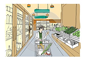 Supermarket interior with shopper girl. Grocery store, hand drawn colorful illustration.