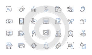 Supermarket line icons collection. Aisles, Baskets, Checkout, Carts, Cashiers, Deals, Discounts vector and linear