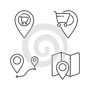 Supermarket location and route line icons set on white background