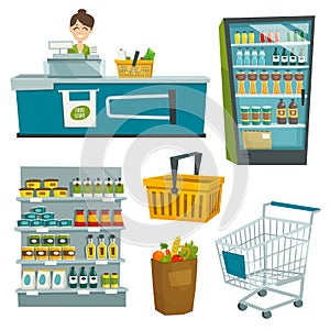 Supermarket object set, vector cartoon illustration
