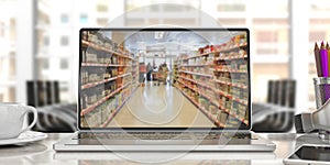 Supermarket online shopping. Blur supermarket on a laptop screen. 3d illustration