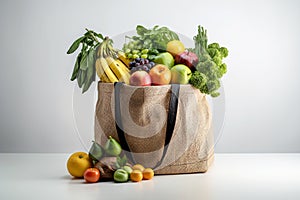 Supermarket paper bag full of healthy food with fruits and vegetables