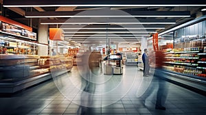 Supermarket with people motion blur view long exposure, created with Generative AI technology