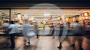 Supermarket with people motion blur view long exposure, created with Generative AI technology