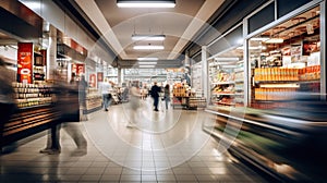 Supermarket with people motion blur view long exposure, created with Generative AI technology