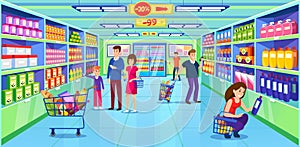 Supermarket with people shopping. Dollar store design. Grocery shop interior