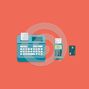 Supermarket pos payment terminal Illustration. Flat cash register, pos payment terminal and credit card