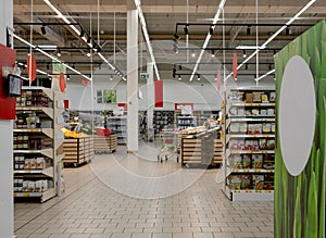 Supermarket With Product Aisles. Supermarket Aisles Are Filled With Products