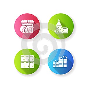 Supermarket products flat design long shadow glyph icons set