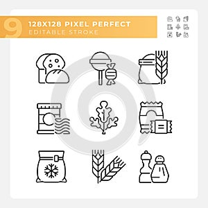 Supermarket products pixel perfect linear icons set