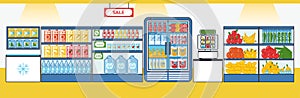 Supermarket with products. Shelves and fridges with food stuff. Vector illustration