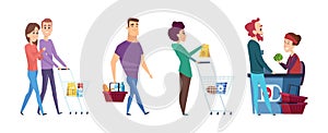 Supermarket queue. Grocery store waiting line, customers with carts and shop cashier vector illustration