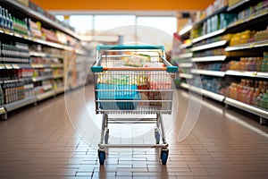 Supermarket scene with a conveniently placed shopping cart for context