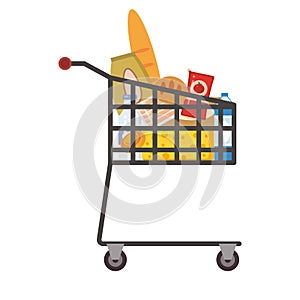 Supermarket self service shopping cart basket trolley full grocery food products. Vector isolated illustration