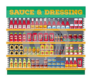 Supermarket shelf display with sauces and dressings.