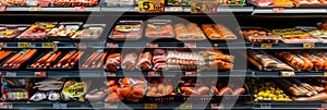 A supermarket shelf displays various types of plastic packaging for meat products, including sausages and chicken legs, with price