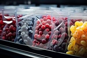 Supermarket shelf stocked with convenient plastic bags of frozen, flavorful berries