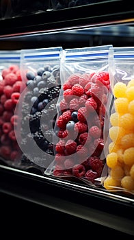 Supermarket shelf stocked with convenient plastic bags of frozen, flavorful berries