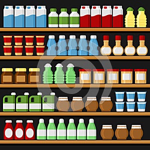 Supermarket. Shelfs Shelves with Products and Drinks. Vector