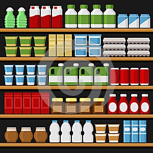 Supermarket. Shelfs Shelves with Products and Drinks. Vector