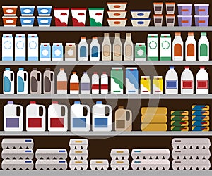 Supermarket shelves with dairy products.