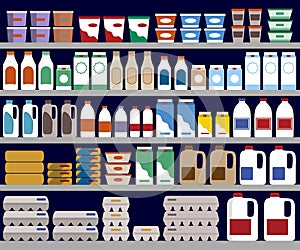 Supermarket shelves with dairy products.