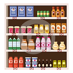 Supermarket Grocery Shelf Store Retail Shop with dairy products assortment mall. Vector isolated ilustration