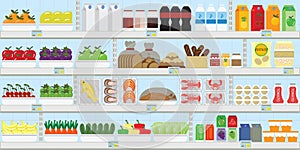 Supermarket shelves with food and drinks, fruits, vegetables, bread, milk and grocery, vector illustration