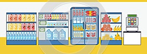 Supermarket. Shelves and fridges with food stuff. Vector illustration in cartoon style