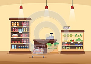 Supermarket with Shelves, Grocery Items and Full Shopping Cart, Retail, Products and Consumers in Flat Cartoon Illustration